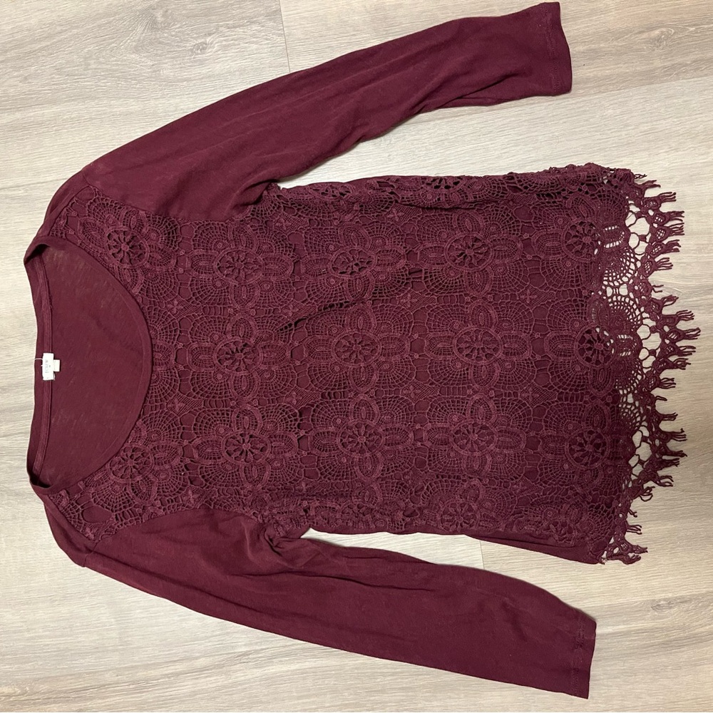 J. Crew Burgundy Long-Sleeve Crochet Front Top
